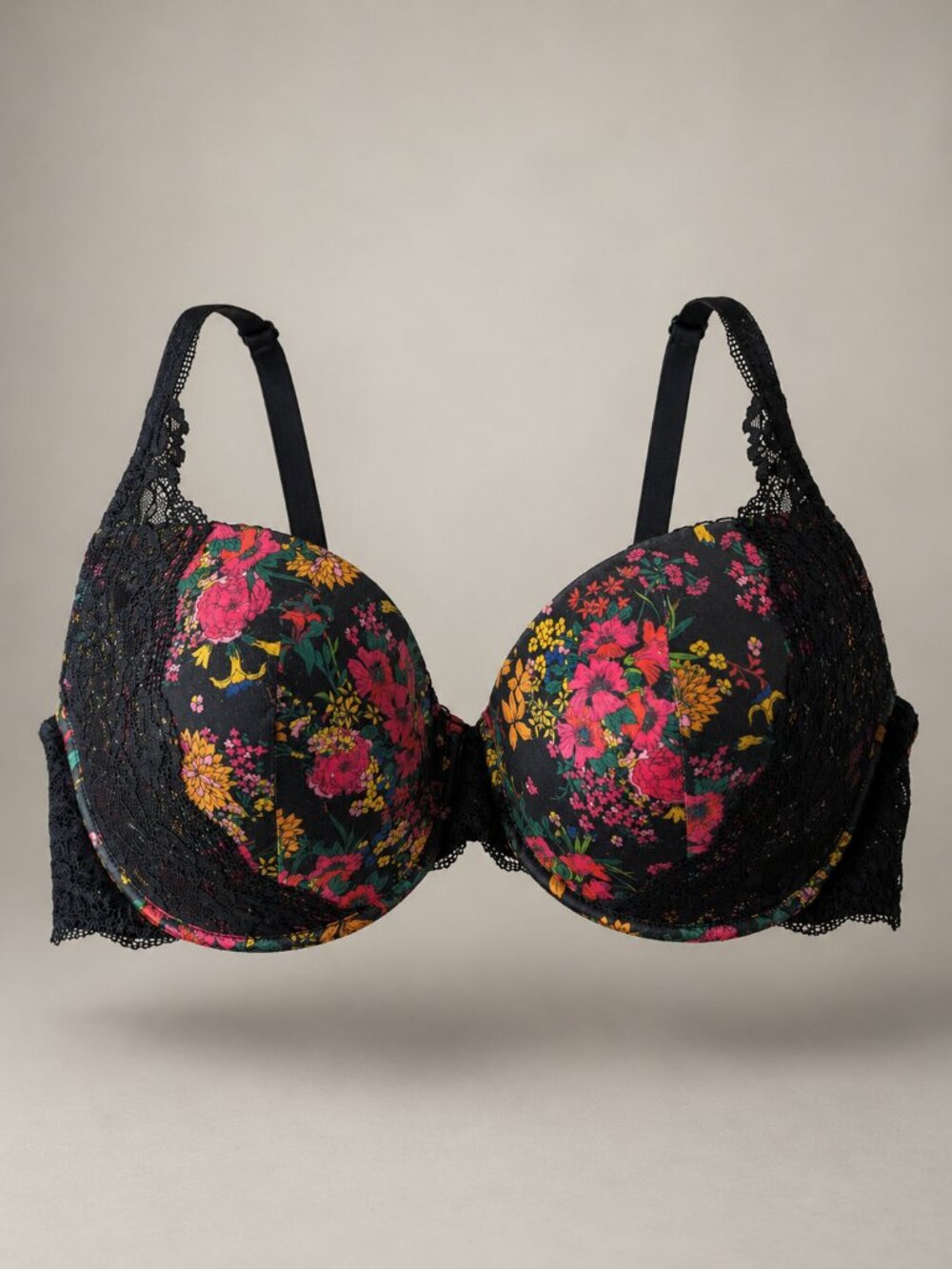 Adore Me 38DD Floral Lace Push Up Bra Black Multicolor Underwire Lingerie